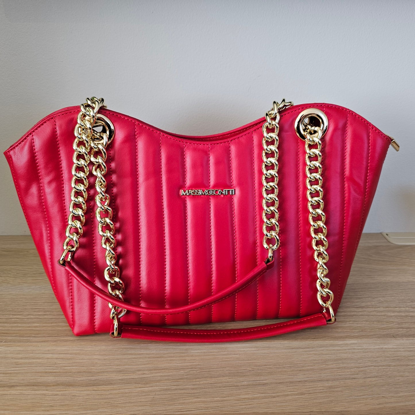 Massimo Contti Luxury Brand - Italian red leather bag with chains