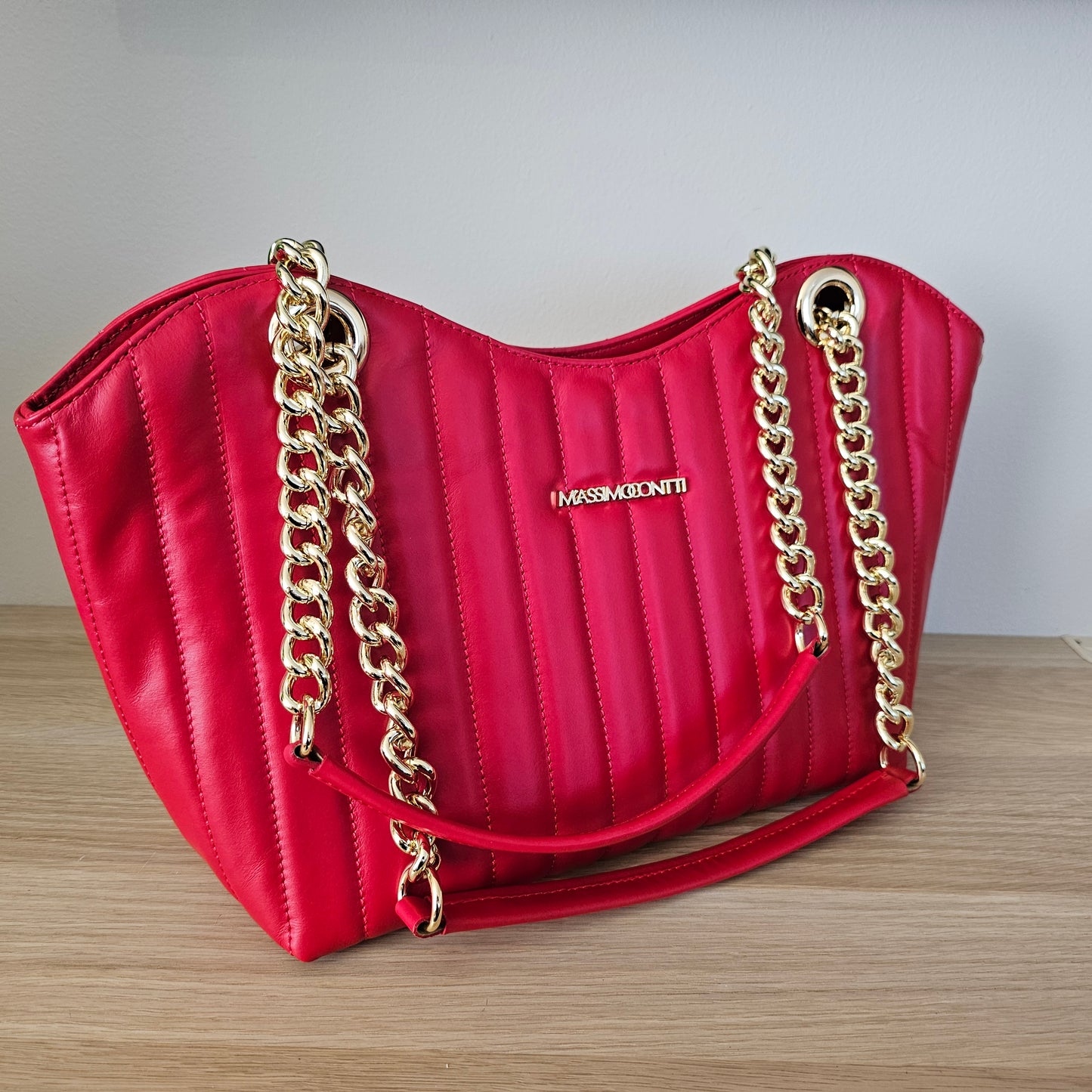 Massimo Contti Luxury Brand - Italian red leather bag with chains